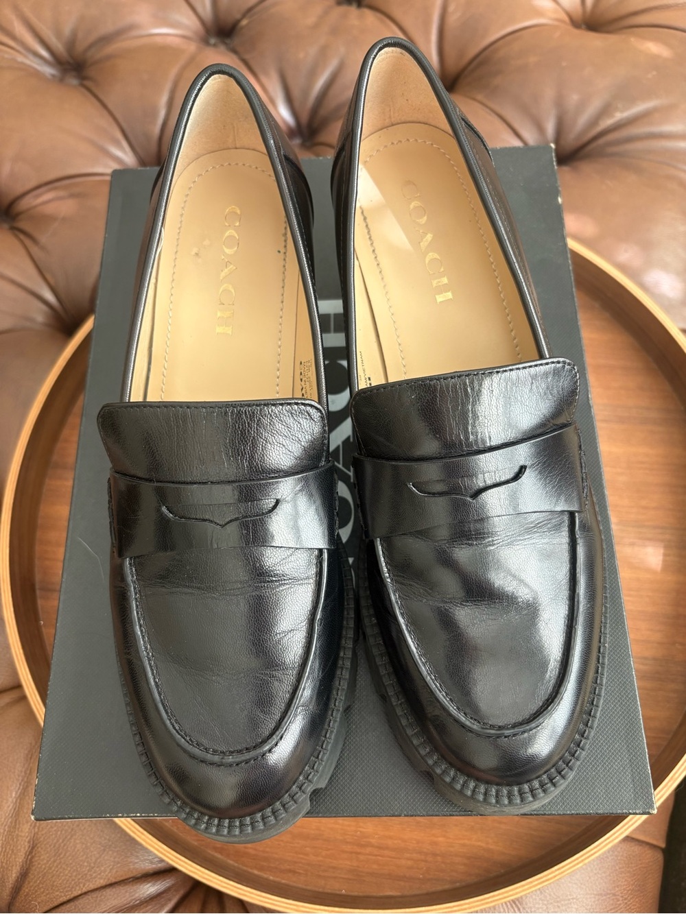 Coach Black Leather Heel Lug Penny Loafers 8.5 NIB